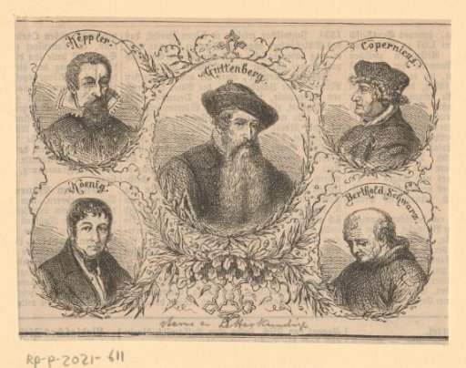 Portrait of Johann Guttenberg surrounded by portraits of Johannes Kepler, Nicolaas Copernicus, Koenig, and Berthold Schwarz