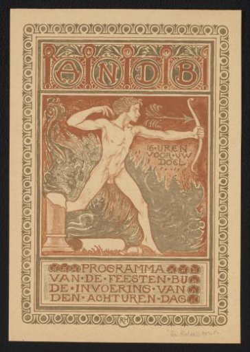 Front of the cover of the programme for the 'Celebrations for the introduction of the eight-hour day' by the A.N.D.B.