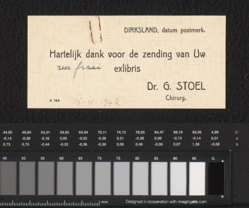 Expression of gratitude by Dr. G. Stoel upon receiving an ex libris
