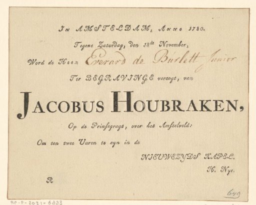 Invitation to the funeral of Jacob Houbraken