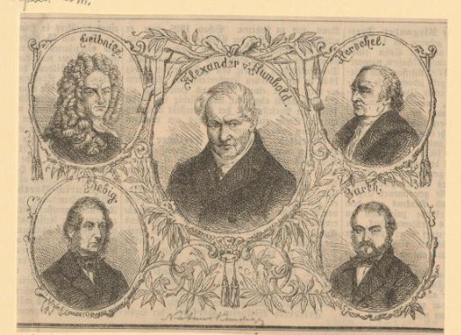 Portraits of Alexander von Humboldt, Gottfried Wilhelm Leibniz, Justus von Liebig, Frederick William Herschel, and Heinrich Barth
