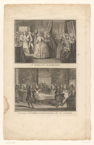 Secret marriage behind curtains and interior with figures around a coffin in England