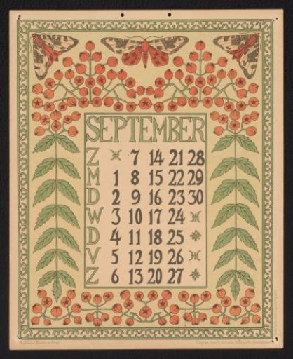 Calendar page for September 1902 with berries and butterflies or moths