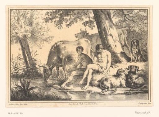Two Shepherds Sitting on the Bank of a Stream