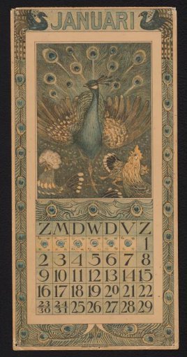 Calendar page for January 1910 with a peacock and hens