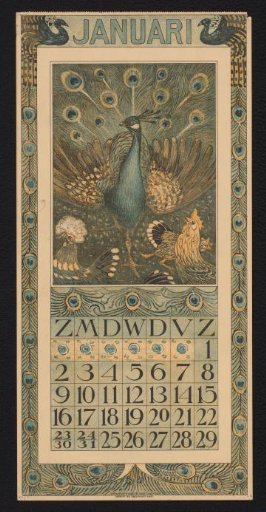Calendar page for January 1910 with a peacock and hens