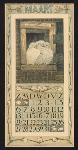 Calendar page for March 1910 with a pair of doves in a window frame
