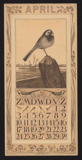 Calendar page for April 1910 with a white wagtail