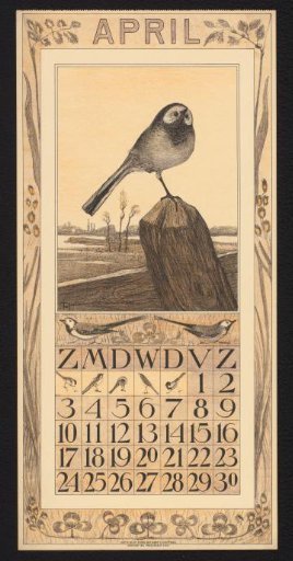 Calendar page for April 1910 with a white wagtail