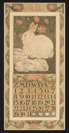 Calendar page for May 1910 with a white rabbit and four young