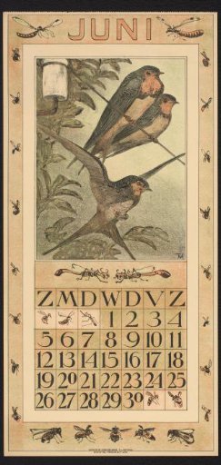 Calendar page for June 1910 with house martins on a telephone wire