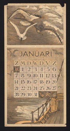 Calendar page for January 1912 with three seagulls over the sea