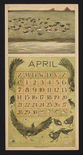 Calendar page for April 1912 with oystercatchers and lapwings