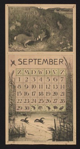 Calendar page for September 1912 with rabbits and coots