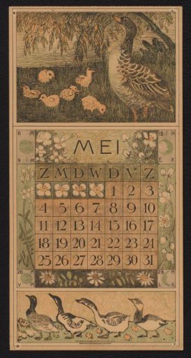 Calendar page for May 1913 with a Duck and Ducklings and Geese