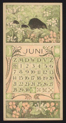 Calendar page for June 1914 with a Hedgehog and Two Young