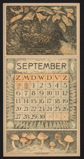 Calendar page for September 1914 with a Duck on the Water