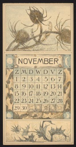Calendar page for November 1914 with a Thistle