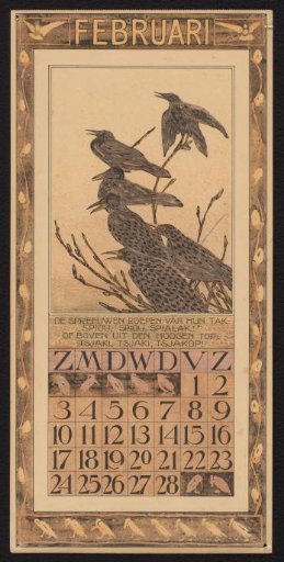 Calendar page for February 1907 with Magpies