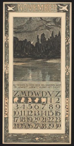 Calendar page for November 1907 with migratory birds in a night landscape