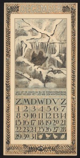 Calendar page for December 1907 with a winter king in the snow