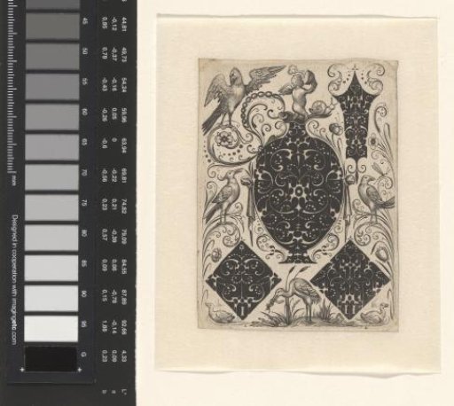 Blackwork ornament with a medallion in the shape of a jug surrounded by birds
