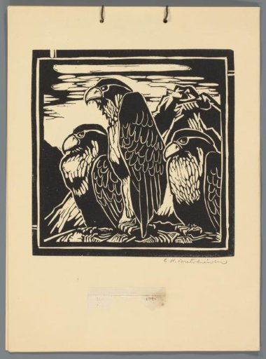 Calendar page for December (?) 1934 with three birds of prey in a mountain landscape