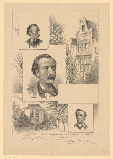 Memorial page with three portraits of Multatuli and two of his residences