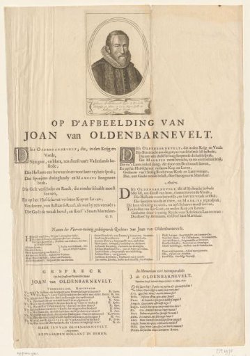 Portrait of Johan van Oldenbarnevelt, with verses on the portrait and the list of names of the 24 judges, 1619