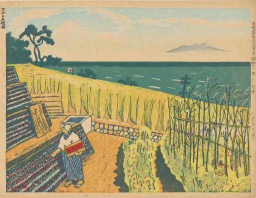 Fuji and strawberries on stone walls