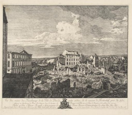 View of ruins in a suburb of Dresden with the Fürstenhof Palace