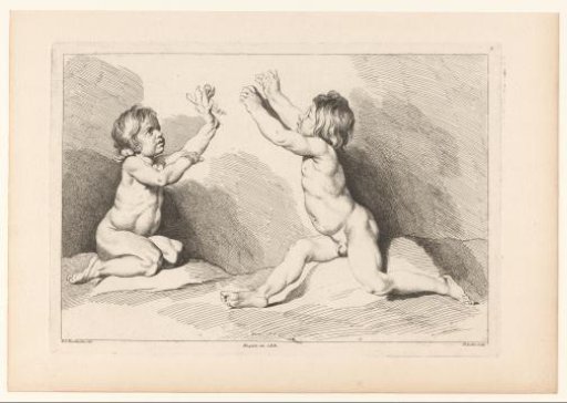Two seated boys reaching upwards
