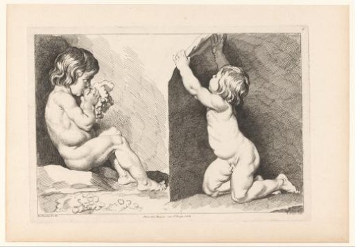 A boy eating from a bunch of grapes and a boy reaching upwards