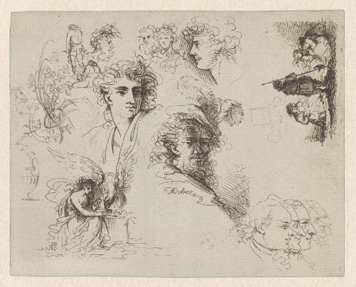 Study Sheet with Heads and Scenes with Figures