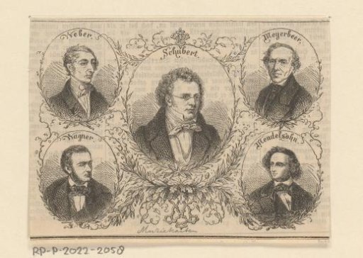 Portraits of Carl Maria von Weber, Franz Schubert, Giacomo Meyerbeer, Richard Wagner and Felix Mendelsohn Bartholdy