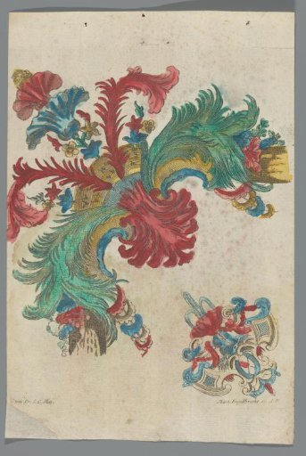 Two ornaments with flowers and plumes