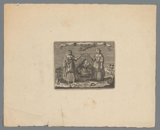 Two women flank an emblem with a hand grasping a bunch of grapes