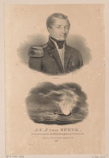 Portrait of Jan van Speyk and the explosion of his ship