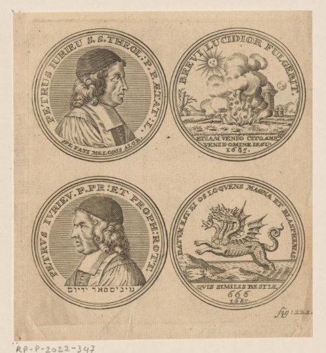 Obverse and Reverse of Two Medals with the Portrait of Pierre Jurieu, the Opened Pit of the Abyss, and a Sea Monster