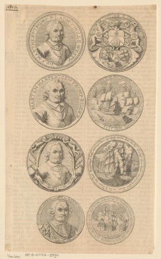 Obverse and reverse sides of four medals with portraits of Maarten Harpertszoon Tromp