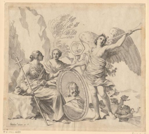 Portrait of Louis-Emmanuel de Valois held by Faam (Fama), Geloof (Fides) and Trouw