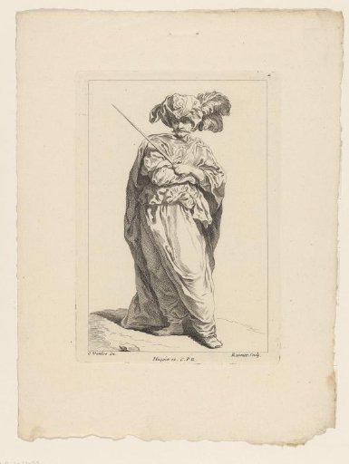 Standing figure with feathered turban