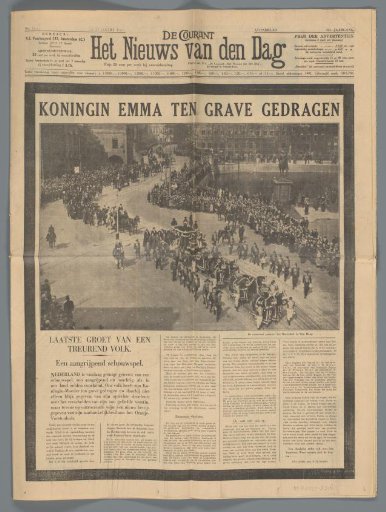 Het Nieuws van den Dag of 27 March 1934 with an article on the funeral of Queen Emma