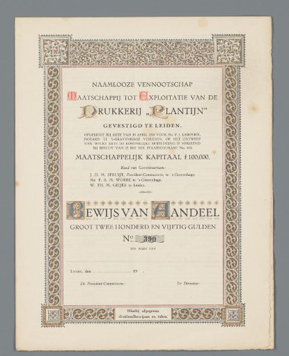 Share certificate of the Limited Liability Company "Maatschappij tot Exploitatie van de Drukkerij Plantijn" in Leiden, founded 10 April 1918, No. 390