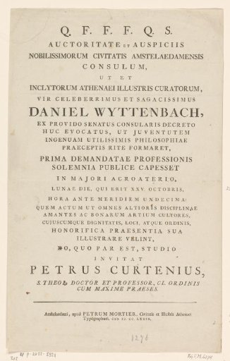 Invitation for the inauguration of Daniël Wyttenbach on 25 October 1779 at the Athenaeum Illustre