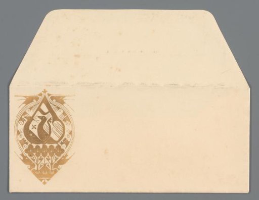 Envelope with a vignette featuring the Greek letters Alpha and Omega formed by peacocks