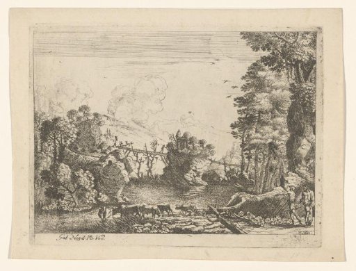 River landscape with footbridge, cows and shepherd