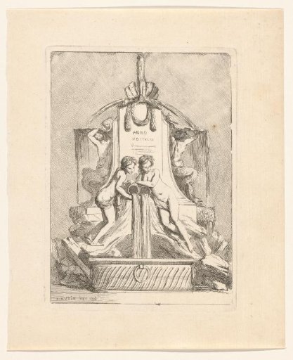 Fountain with two nymphs with vases from which water flows into a sarcophagus