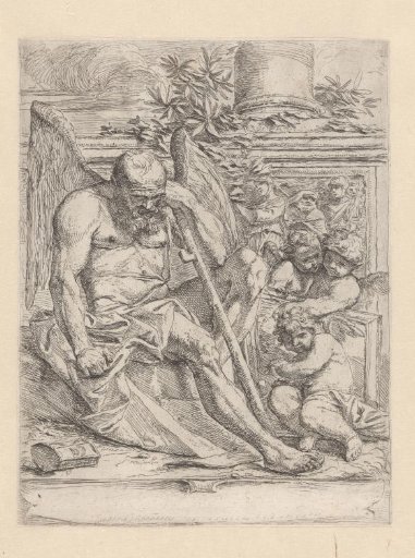 Saturn with three genii before a painting and an antique relief