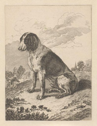 Seated dog to the left, church to the right behind him